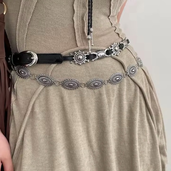 Accessories - Silver Western Chain Belt - Women's boho silver Belt 48” inches